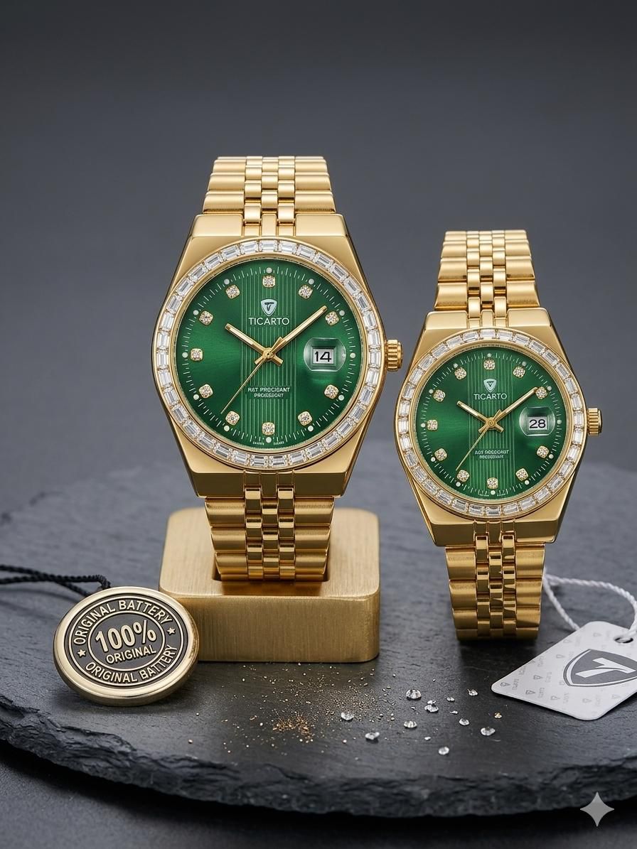Ticarto Royal Green Gold Diamond Couple Watch