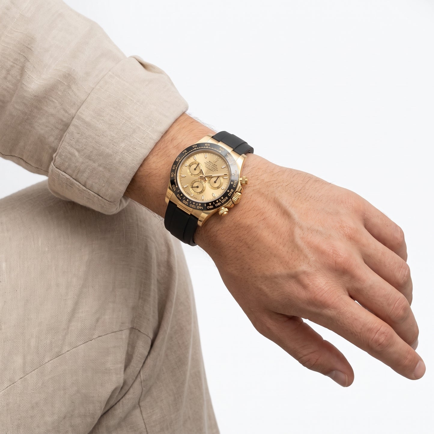Men's Gold Chronograph Watch with Black Rubber Strap