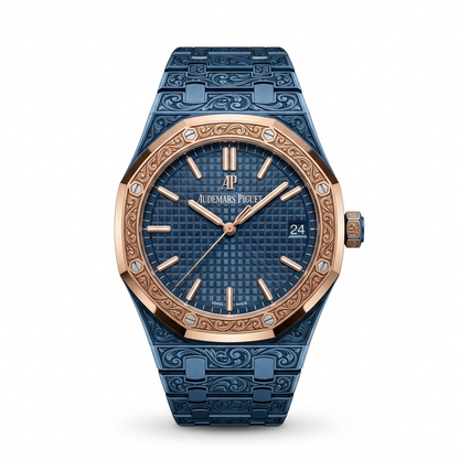 Audemars Piguet Royal Oak watch featuring a textured blue ceramic case and integrated bracelet, accented by a rose gold bezel with diamond accents and a blue dial.