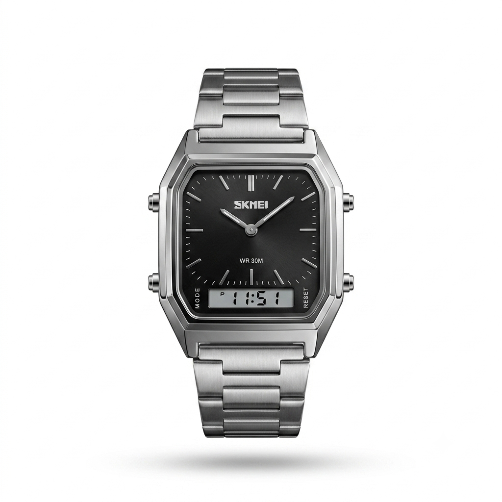 SKMEI Mens Square Analog-Digital Stainless Steel Watch