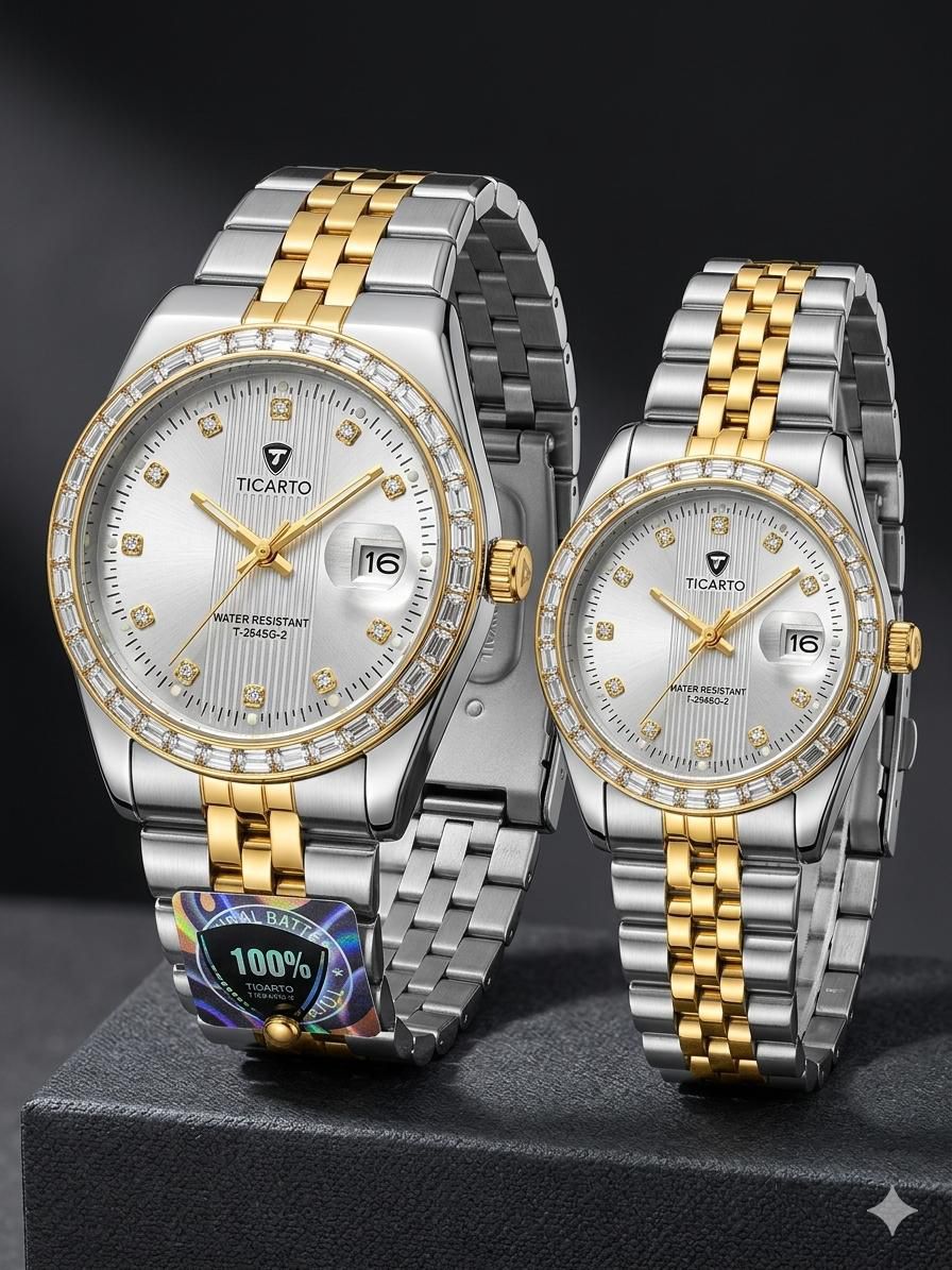 Ticarto Silver White Diamond Couple Watch