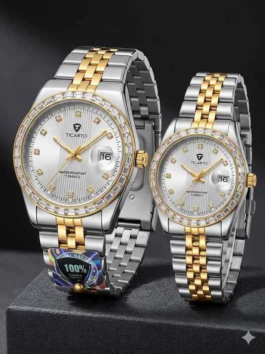 Ticarto Silver White Diamond Couple Watch
