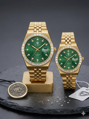 Ticarto Royal Green Gold Diamond Couple Watch