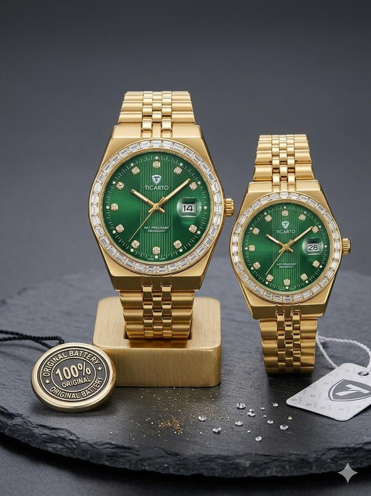 Ticarto Royal Green Gold Diamond Couple Watch