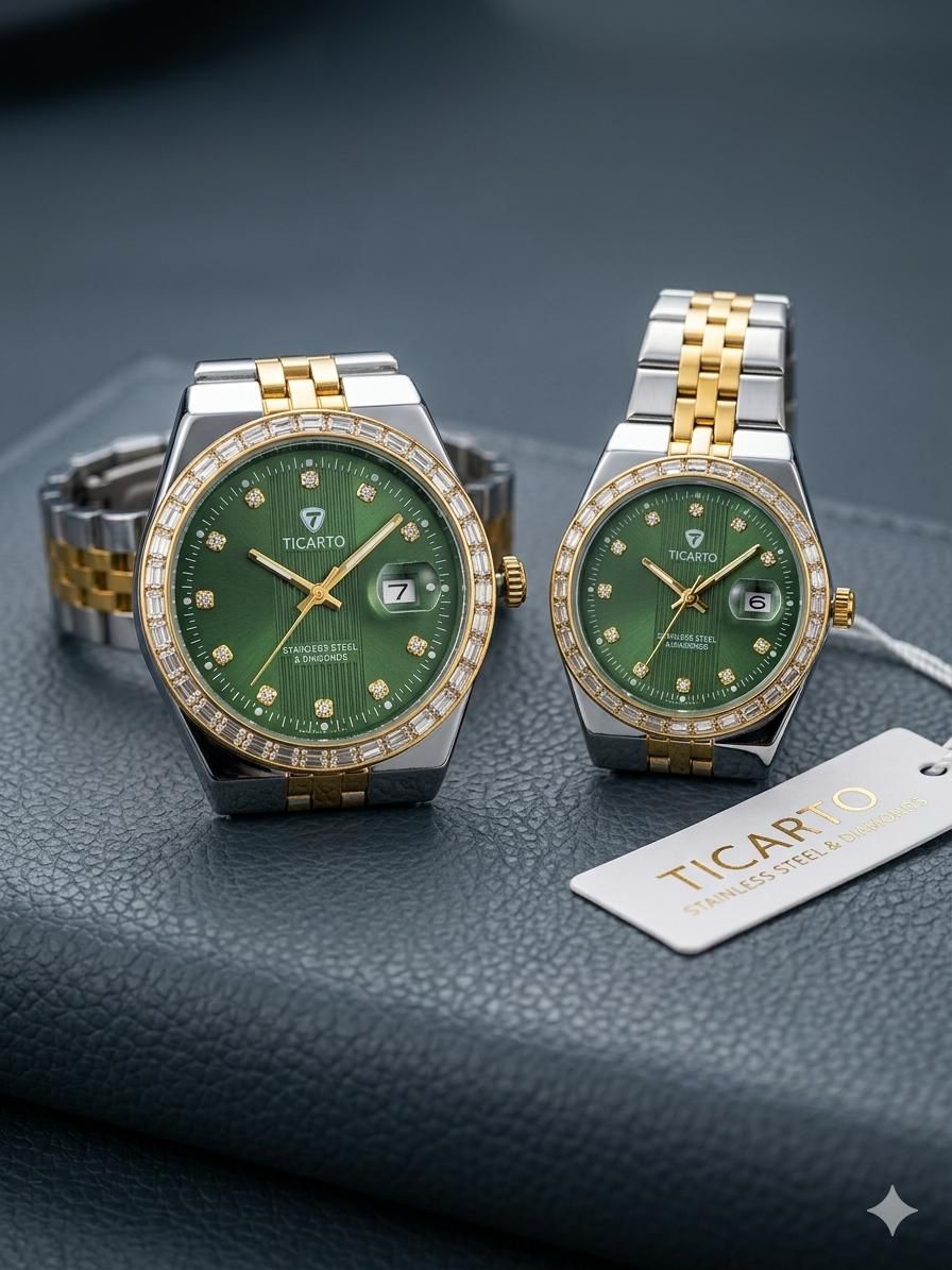 Ticarto Green Silver Gold Two-Tone Couple Watch