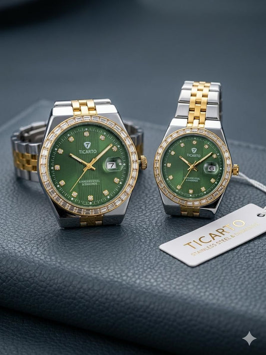 Ticarto Green Silver Gold Two-Tone Couple Watch