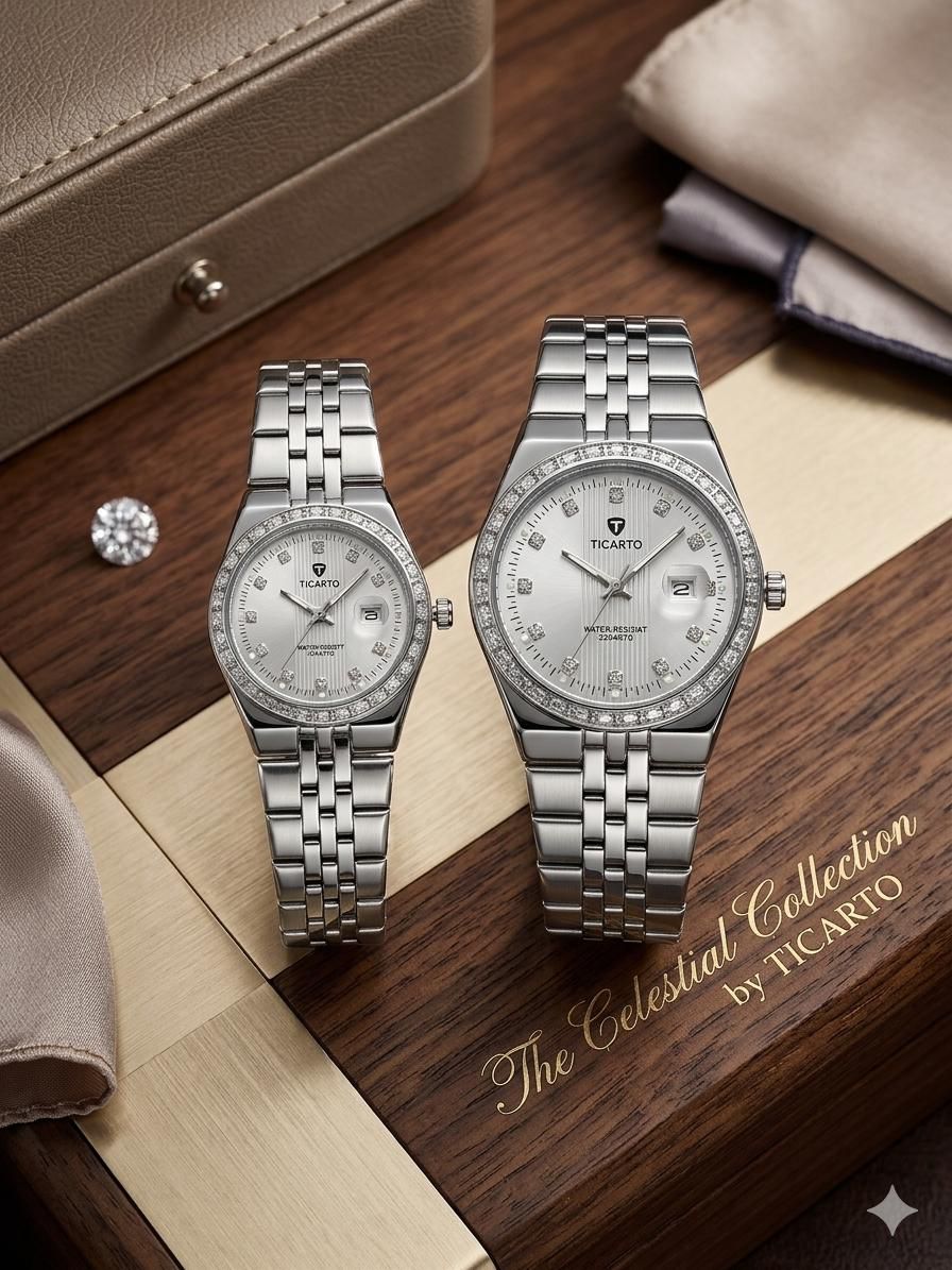 Ticarto Celestial Collection Silver Diamond Couple Watch