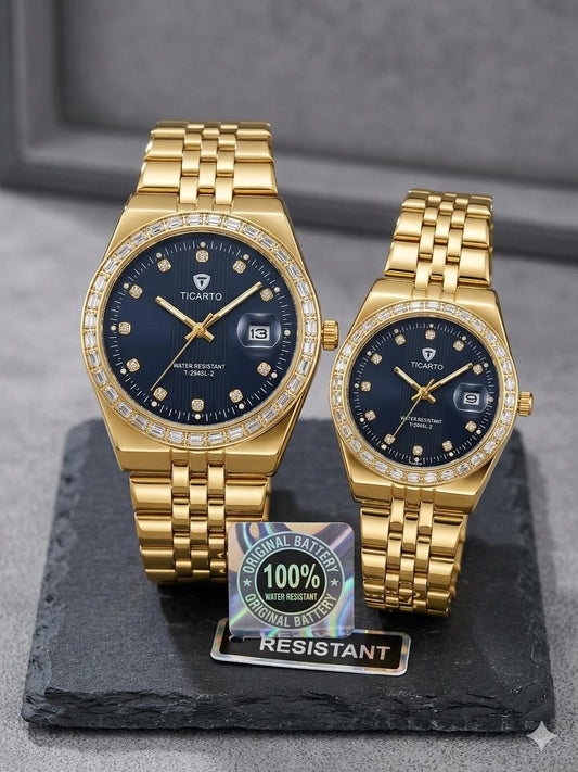 Ticarto Gold Black Diamond Couple Watch