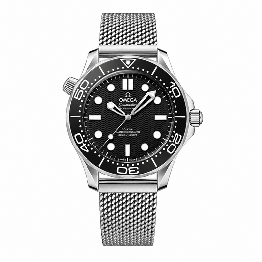 Omega watch with black dial and silver mesh band on a white background