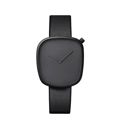 Black watch with a square face on a light gray background
