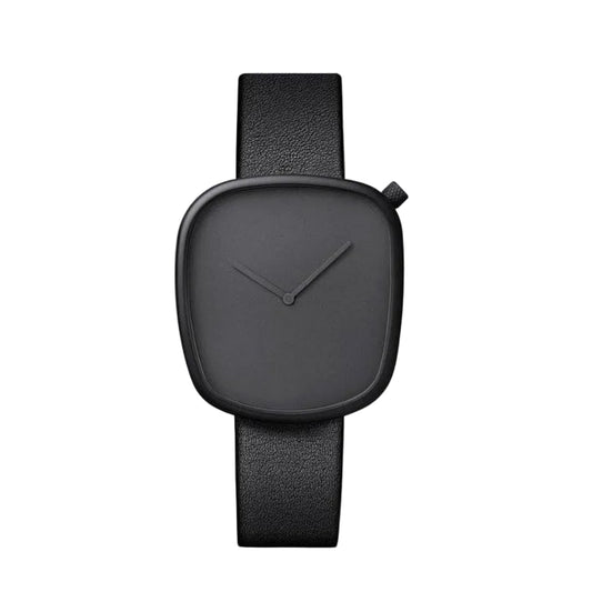 Black watch with a square face on a light gray background
