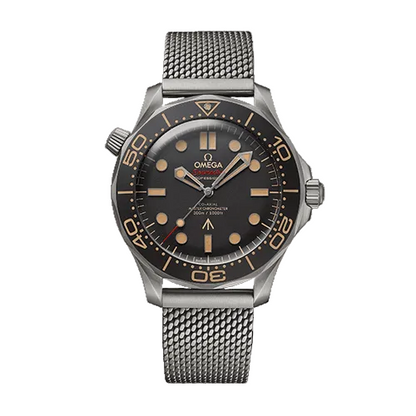 Omega watch with black dial and silver mesh band on a white background